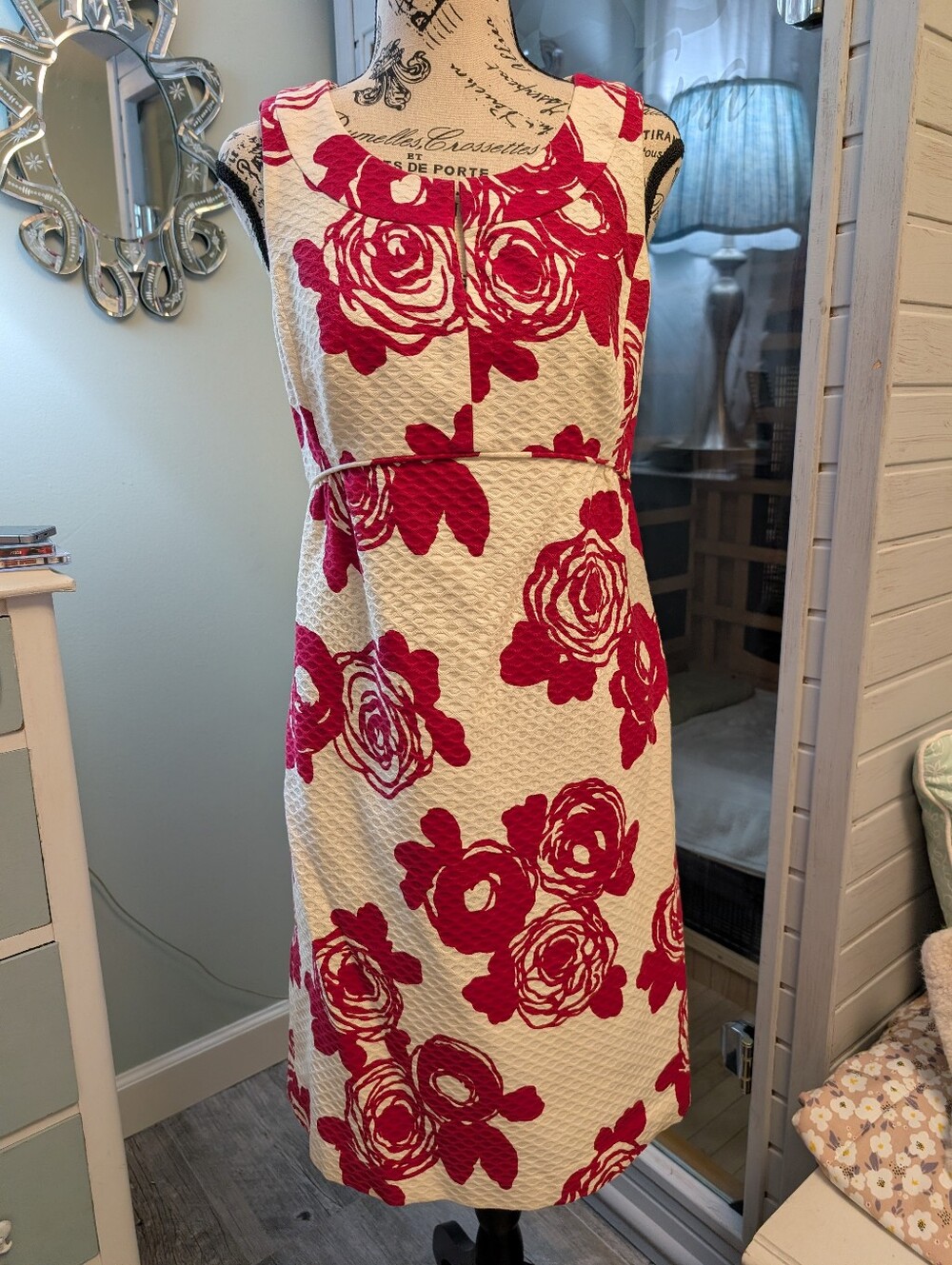 Ann Taylor Cream Midi Dress with Pink Rose Print